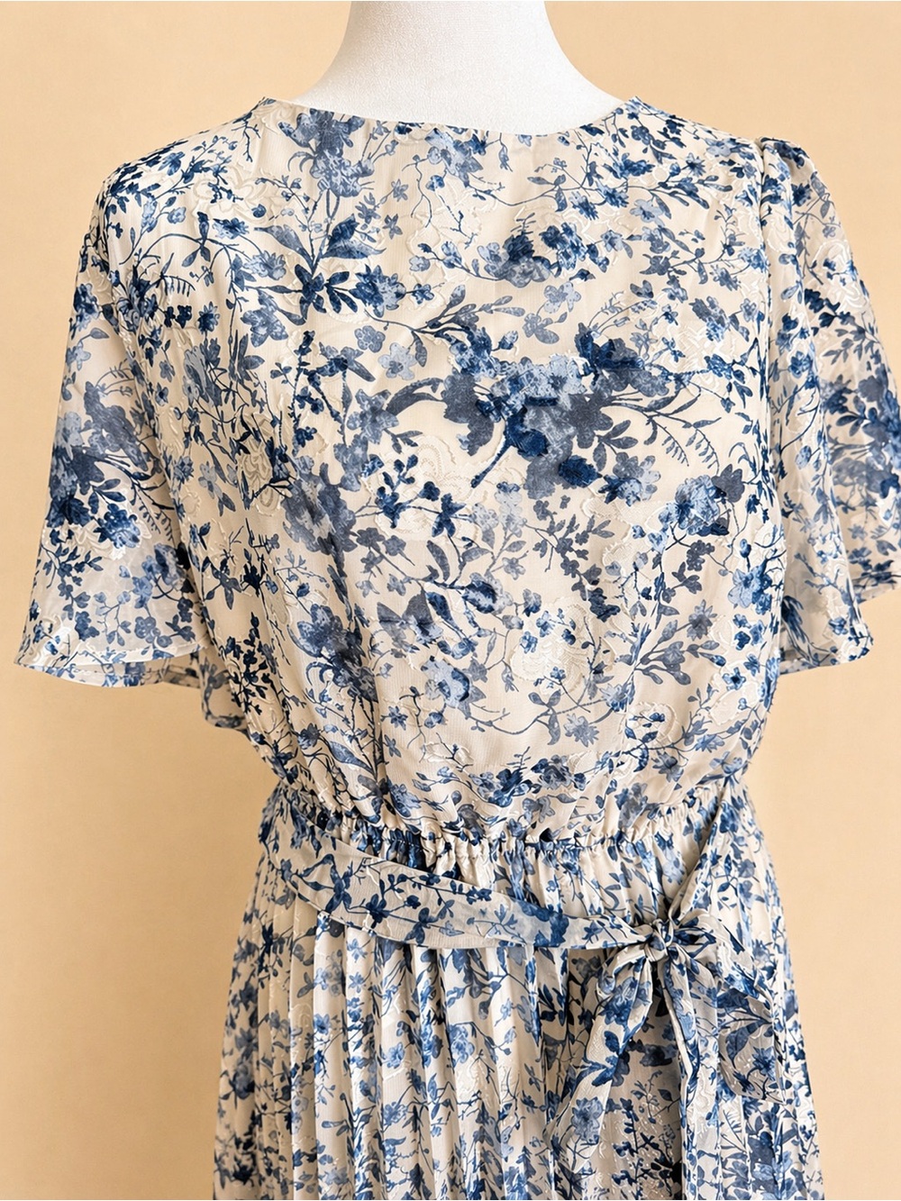 Baltic Born Off White and Blue Floral Midi Dress with Tie Waist - Picture 3 of 4